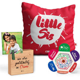 Rakhi and Cushion Cover with Little Sis Print Wooden Plaque Gift